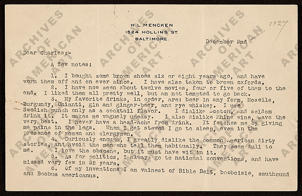 Le altre note di H. L. Mencken consultabili a http://www.aaa.si.edu/collections/viewer/h-l-mencken-letter-to-charles-green-shaw-9819