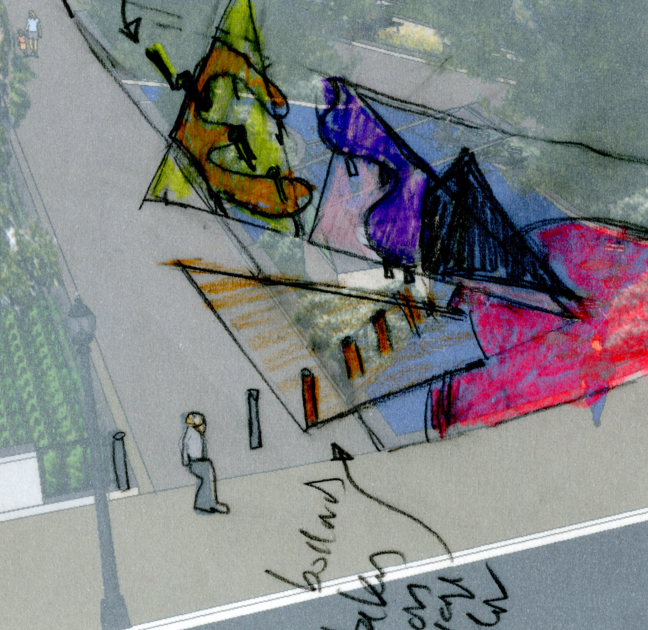 Detail of planning document for a public art project consisting of a color photograph of a plaza and a vellum overlay with sketches and notes.