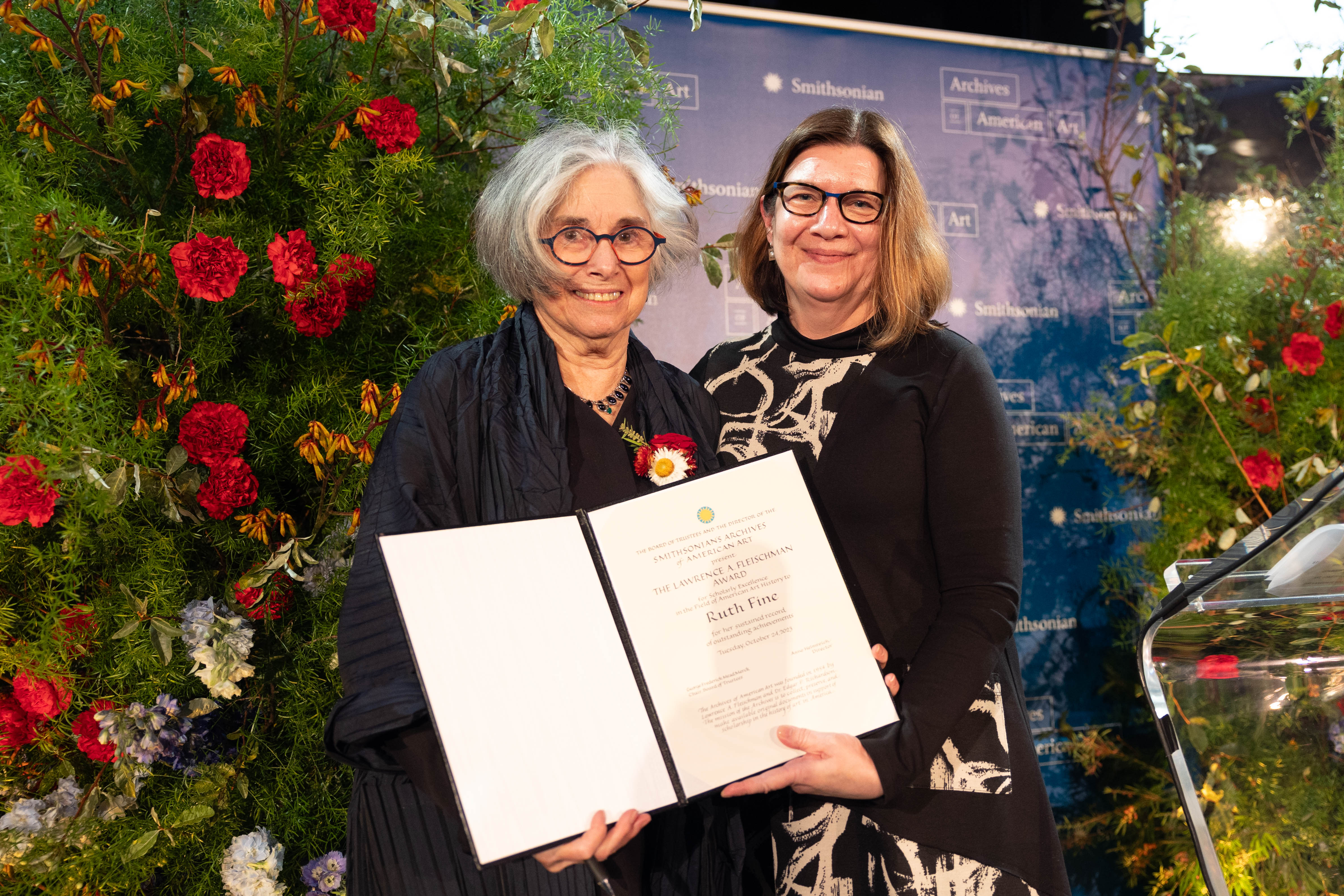 Ruth Fine and Shelley Langdale posing for a photograph after Ruth’s acceptance of the Lawrence A. Fleischman Award for Scholarly Excellence in the Field of American Art History.