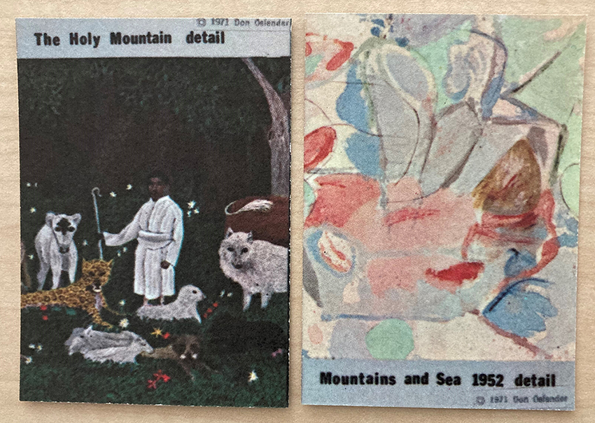 Verso of baseball cards mocked up with a detail of a painting of a shepherd wearing white surrounded by animals and trees at night Horace Pippin and a detail of an abstract painting with pink, red, mint green, and pale blues, and brown by Helen Frankenthaler. 