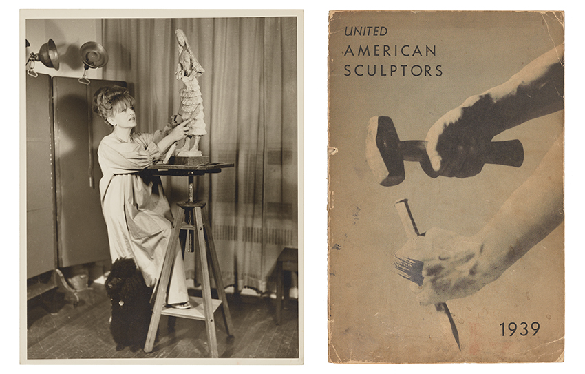 LEFT: Lily shore in her studio working on a small sculpture. She is wearing a smock and her foot is resting on the bottom of the stand holding her artwork. A black dog, probably a poodle, is at her feet.  RIGHT: Booklet cover with gray scale image of a hand holding a hammer is if to bang a chisel being held by another hand. The pages are worn and include black text reading UNITED AMERICAN SCULPTORS 1939.