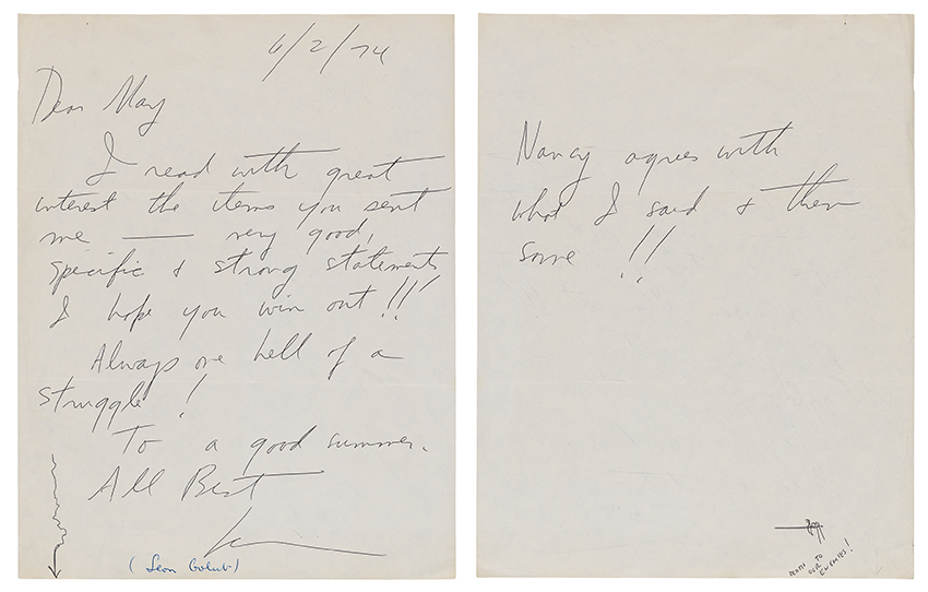 Letter on white paper handwritten in cursive with black ink. A squiggly arrow on the front directs the reader to turn the letter over where there is a small drawing in a different hand, also in black ink, with text that reads DEATH TO OUR ENEMIES.