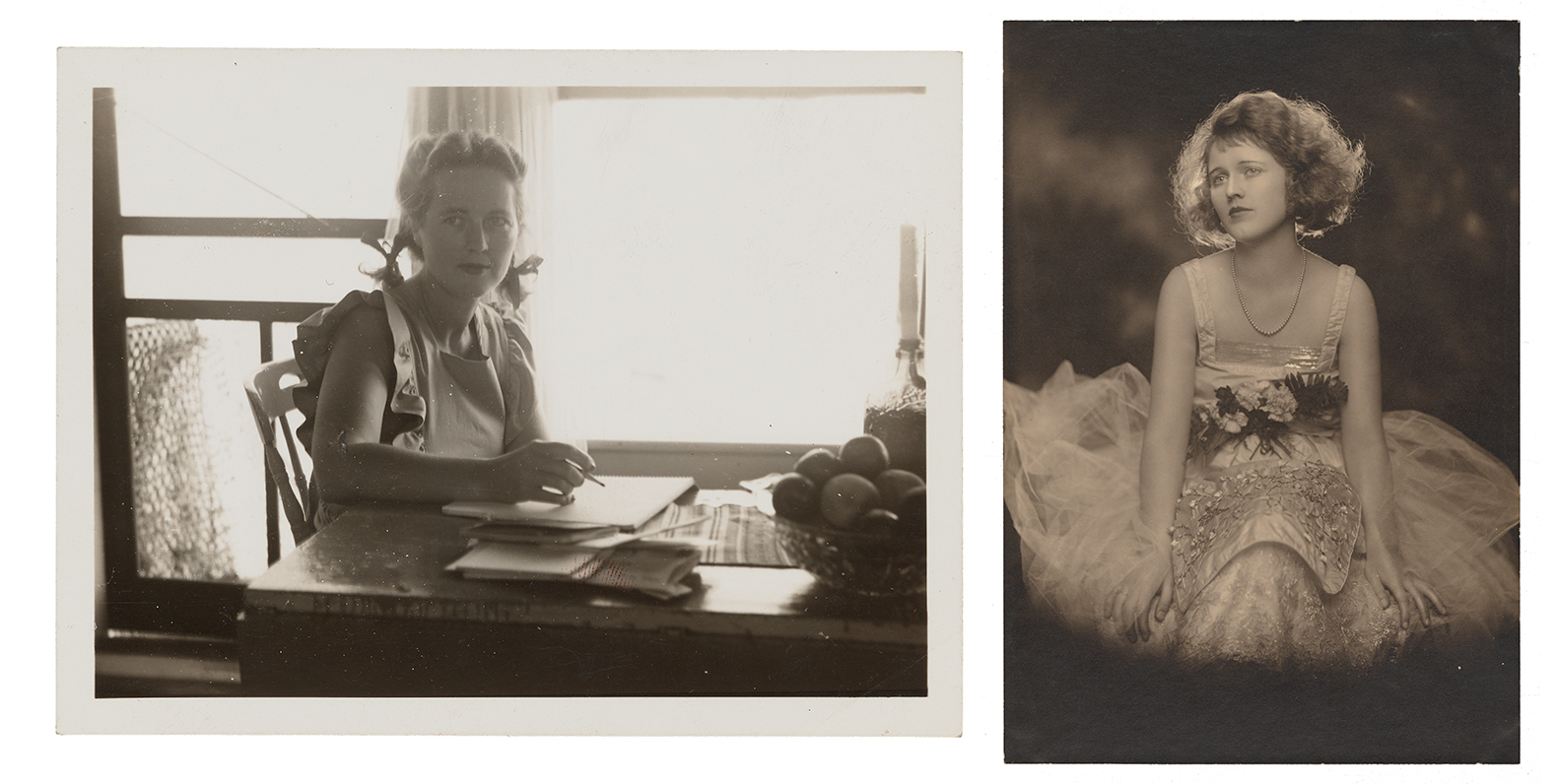 LEFT:  Gray scale photograph of a young Lenita Manry sitting at a table by a window drawing. There are various papers, a candle, and a bowl of fruit on the table, and she wears a smock and pigtails and is looking at the camera. RIGHT: Gray scale image of Lenita Manry modeling a satin, lace, and tulle dress with extensive embroider with metallic thread, and flowers on the bodice of the dress. She is seated, wearing pearls, and looking away from the camera.