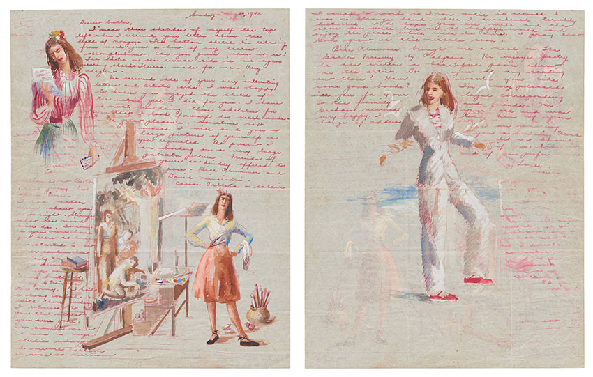 Illustrated letter handwritten in red ink on onion skin paper, featuring self-portraits of the author in various poses including reading a letter, in her studio next to a large painting, and at the beach leaning on a heavy rope with water and seagulls in the background. Some of the ink is smudged and faded.