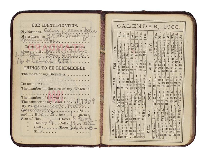 Identification page of personal diary, which includes lines such as name and address, in case of emergency, and clothing sizes, filled out in pencil with black and red graphics showing through from the previous page. 