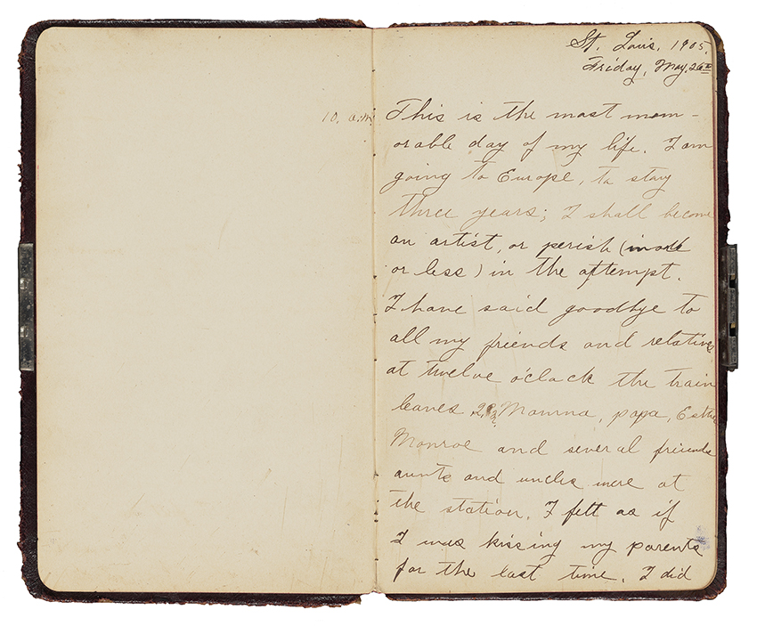 Opening page of a diary written in cursive and in ink. The leather cover, which is worn, is visible around the edge of the page as is the metal clasp that closes the book. 