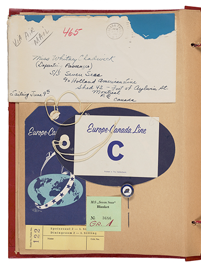 Page from a travel scrapbook with an envelope addressed to Whitney Chadwick, ticket stubs, and luggage tags for the Europe-Canada line. 