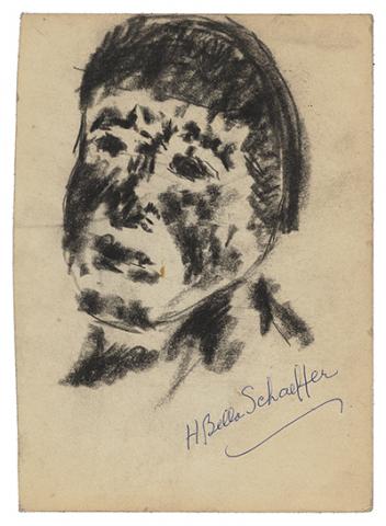 Portrait sketched with charcoal and signed H. Bella Schaeffer with a curved line in blue ink.