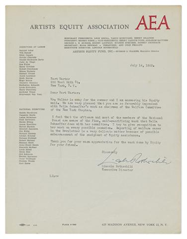 Letter typed on Artist Equity Association letterhead. Text is printed in gray and the AEA logo is in red. The letter is signed in blue ink.