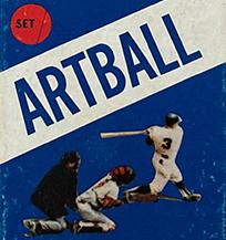 Detail of blue box for holding baseball cards with blue text on a white diagonal stripe that reads ARTBALL, an image of a batter, catcher, and umpire, with a red circle that says set with the number 1 handwritten in ink.