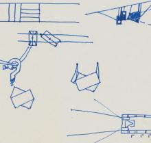 Detail of line drawings of installations instructions in blue ink on cream colored paper. 